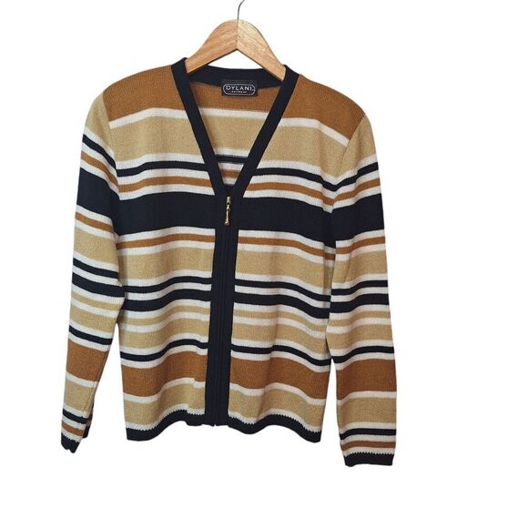 Dylani Knitwear Womens Zip Front Cardigan L ?? Stripe Long Sleeve Black Gold VTG - Picture 1 of 7